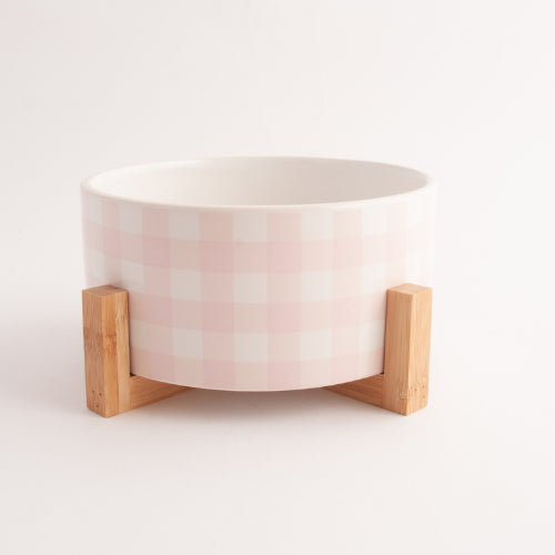 Printed Pet Bowl with Stand - PINK GINGHAM